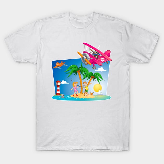 Two airplanes and a girl and boy on an island T-Shirt by Stefs-Red-Shop